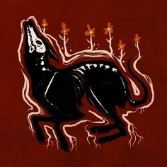 a drawing of a dog with bones on it's back legs and tail, in front of a red background