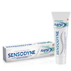 Sensodyne Rapid Relief Sensitive Toothpaste beats sensitivity pain in just three days delivering lasting protection and relief. this stannous fluoride toothpaste for sensitive teeth creates a protective layer over your exposed dentin with twice daily brushing. delivering all the benefits of regular anticavity toothpaste. This sensitivity toothpaste comes in a convenient travel size within TSA requirements; allowing you to easily take it with you. For best results, brush for two minutes twice dai Sensodyne Toothpaste, Purple Shampoo And Conditioner, Loose Tooth, Shampoo And Conditioner Set, Tooth Sensitivity, How To Prevent Cavities, Stained Teeth, Dry Face, Dental Supplies