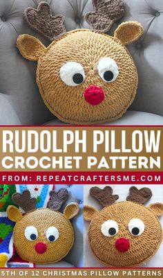 the rudolph pillow is made with crochet and yarn