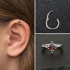 three pictures of different types of piercings on the ear and one with an orange stone in it