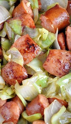 sausage and cabbage stir fry in a pan