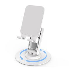 an image of a cell phone holder on a white stand with blue arrows around it