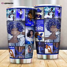 two cups with pictures of women on them, one is blue and the other is white