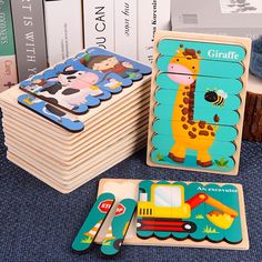 children's wooden puzzles and books on the floor