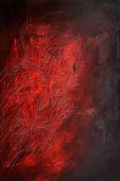 an abstract painting with red and white lines on black paper, in the middle of a dark background