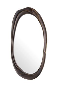 an oval shaped mirror is shown against a white background with the reflection of it's curved frame