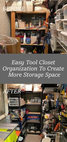 an organized closet with lots of clutter and storage bins on the bottom shelf