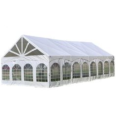 a large white tent with several windows on the front and side walls, set against a white background