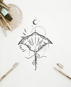 a pen and ink drawing of an umbrella with the moon in the sky above it