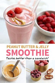 there is a smoothie with raspberries in it and the title reads, peanut butter & jelly smoothie tastes better than a sandwich