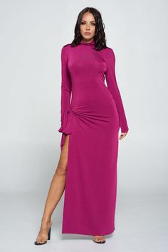 Made In U.S.AS.M.LSide tie long sleeve dress 95% Polyester 5% Spandex Magenta WIN Side Tie Long Sleeve Dress split Item Measurements: SIZE: SLength:55" Waist:26" Bust:28" split split Fabric Reference, Bodycon Dress Plus Size, Long Sleeve Long Dress, Sleeve Long Dress, Maxi Bodycon Dress, Bodycon Maxi Dress, Dress Item, Mock Neckline, Muslimah Fashion