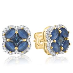 This matching pair of women's earrings features 10 blue sapphires and 48 round brilliant cut lab grown diamonds. All diamonds are set in solid 10k yellow gold with 10k yellow gold medium weight push backs.. Blue Diamond Earrings With Diamond Accents, Blue Diamond Earrings With Accents, Sapphire Diamond Accented Earrings In Fine Jewelry, Fine Jewelry Sapphire Diamond Earrings, Sapphire Diamond Earrings With Accents, Sapphire Round Cut Diamond Earrings, Sapphire Diamond Earrings With Prong Setting, Blue Diamond Earrings With Vvs Clarity, Sapphire Diamond Round Cut Earrings