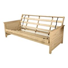 a wooden bench sitting on top of a white floor