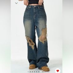 New With Tags Distressed/Destroyed Wide Leg Baggy Jeans From A Korean Brand! Nice 100% Cotton Denim And Cool Fading With A Vintage Wash. Marked A Korean M But Runs More Like A S, I Think They Would Fit A 24, 25, 26, Or 27 Depending On How High Or Low Waisted You Want To Wear Them Marked Jaded For Exposure, Similar Style Jaded London Jeans, 90s Style Icons, Swag Clothes, Wide Leg Baggy Jeans, Shorts Ideas, Black Wide Leg Jeans, Slouchy Jeans, Lisa Bonet, Tan Legs