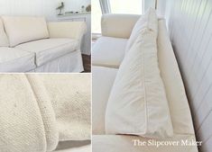 a white couch sitting next to a window in a living room with pillows on top of it