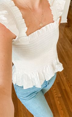 White Ruffle Tank Top, White Summer Top, Fancy White Tops, Europe Summer Outfits, Cute White Tops, Preppy Tops, White Top, White Ruffle Top, Pink Dress Short