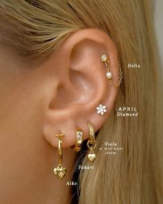 an ear with four different types of piercings on the top and bottom of it