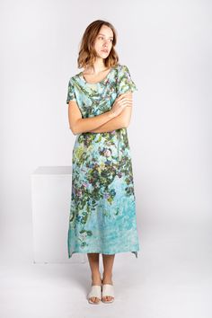 This dress is made of 100% stonewashed linen and comes with a sweet asymmetric design The Claude Monet Rose Bush pattern on both sides of the dress is really eye-catching, and there's even some side pockets to keep your stuff in!  There are a bunch of different sizes available, from XS to 2X, and each size has its own unique measurements for chest, hips, front length, and backside length. The dress is handmade, so there might be some slight variations in measurements, but nothing too crazy. Just a heads up, the colors and prints of the dress might look a little different from what you see on your computer screen. When it comes to taking care of the dress, you should wash it with water temperature 40oC and straighten it out before hanging it up to dry. The linen will actually get softer eac Summer Dress Linen, Linen Summer Dress, Linen Summer, Summer Linen Dresses, Linen Clothing, Linen Midi Dress, Dress Linen, Rose Bush, Asymmetrical Design