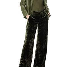 Women's Panne Met Crushed-Velvet Wide-Leg Pants Forest Green New With Tags From Frame. Fall Velvet Trousers, Trendy Velvet Pants For Fall, Fall Velvet Wide Leg Straight Pants, Fall Velvet Workwear Pants, Trendy Fitted Velvet Pants, Velvet Workwear Pants For Fall, Forest Green Clothes, Velvet Blazer Outfit, 18th Ideas