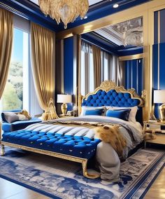 a luxurious bedroom with blue and gold decor