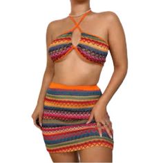 Sets Features: Criss Cross Halter Top, High Waisted Short Skirt, Color Block. Nwot Fitted Multicolor Skirt For Vacation, Fitted Orange Skirt For Vacation, Fitted Orange Vacation Skirt, Fitted Orange Summer Skirt, Fitted Multicolor Mini Skirt For Beach, Fitted Multicolor Mini Skirt For The Beach, Cross Halter Top, Criss Cross Halter Top, Skirts Shein