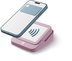 a pink and blue cell phone sitting on top of a charger with a credit card slot