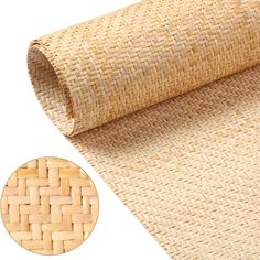 a roll of woven fabric next to an image of a bamboo mat on a white background