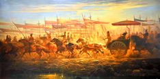 an image of a painting of people on horses and carriages in the middle of a battle