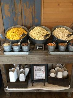 18 Easy Party Food Bar Ideas - Lady Celebrations Popcorn At Wedding Receptions, Popcorn And Candy Bar Wedding, Wedding Cocktail Hour Snack Ideas, Snack Buffet Wedding, Best Wedding Snacks, Cocktail Hour Popcorn Bar, Snack Tables For Weddings, Popcorn Dessert Table, Popcorn Bar At Wedding