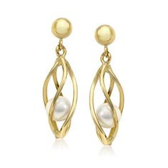 Ross-Simons - 4mm Cultured Pearl Cage Earrings in 14kt Yellow Gold. These cage earrings feature 4mm cultured freshwater pearls housed safely in polished golden twists. Hanging length is 3/4". Post/clutch, 14kt yellow gold earrings. Pearl birthstones are the perfect gift for June birthdays. Gold Wire Wrapped Earrings For Formal Occasions, Elegant Wire Wrapped Earrings For Formal Occasions, Formal Gold Wire Wrapped Earrings, Formal Yellow Gold Wrap Earrings, Elegant Wire-wrapped Yellow Gold Pearl Earrings, Elegant Yellow Gold Wire Wrapped Pearl Earrings, Elegant Gold Wire Wrapped Wrap Earrings, Elegant Formal Yellow Gold Wrap Earrings, Cage Earrings