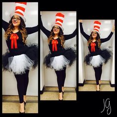 the woman is wearing a cat in the hat costume and posing for pictures with her hands behind her head