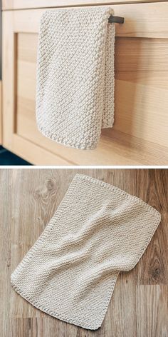 two pictures of towels hanging on the wall and in front of a towel rack that is made out of wood