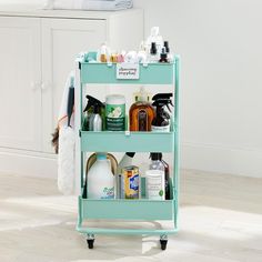 a blue cart filled with personal care items