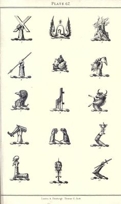 an old book with many different types of statues