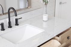 a bathroom sink with two faucets and a vase on the counter next to it