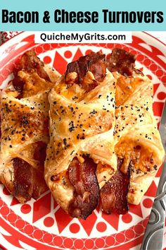 A white and red patterned plate with three bacon & cheese turnovers stacked on each other. Bacon And Cheese Turnover, Sausage Croissant, Dutch Oven Corned Beef, Cheese Turnovers, Bacon Gravy, Superbowl Food, Smoked Bbq, Turnover Recipes, Croissant Recipe