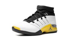 The Air Jordan 17 Low "Lightning" is the modern re-release of the colorway of the retro basketball shoe that was worn by Michael Jordan at the 2002 NBA All-Star Game.  The Jordan 17 was Jordan’s signature shoe with the Washington Wizards during the 2001-2002 NBA season, and the Jordan 17 Low “Lightning” was the sneaker “The GOAT” wore during his first appearance in an All-Star Game as a member of the Wizards.  The modern version of the “Lightning” is a one-to-one remake of the original shoe that debuted in 2002.  As for its design, the shoe has a white leather construction with Lightning Yellow accenting on the midsole and on the toe.  A black “Jordan” tag appears on the vamp and a classic Jumpman is seen on the heel.  Other details include a Black Dynamic Fit inner sleeve that provides a Lightning Shoes, Black Dynamite, Nike X Travis Scott, Retro Basketball Shoes, Retro Basketball, Black Jordans, Womens Air Jordans, Washington Wizards, Nba Season