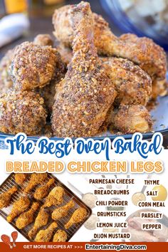 the best oven baked breaded chicken legs are on display in this advertisement for an eatery