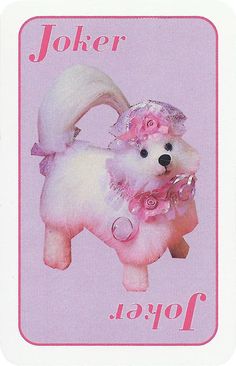 a pink card with a white dog wearing a tiara