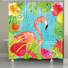 a shower curtain with a flamingo and watermelon design