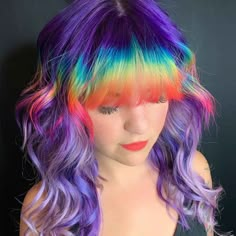 24 Wolf Cuts With Colored Bangs | HairAide Wolf Cut Short With Bangs, Multi Colored Hair With Bangs, Block Color Bangs, Rainbow Hair With Bangs, Vivid Hair Color Shag, Vivid Color Bangs, Colored Bangs, Wolf Cuts