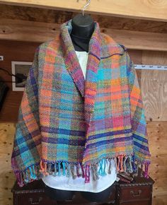 Multi color handwoven wool shawl. Wool Pashmina Shawl For Fall, Handwoven Alpaca Shawl, One Size Handwoven Alpaca Shawl, Fall Wool Pashmina Shawl, Multicolor Handwoven Shawl For Fall, Artisan Shawl One Size For Fall, Fall Multicolor Handwoven Shawl, Handwoven Wool Poncho For Fall, Fall Woven Shawl Poncho