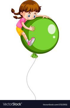 a girl flying with a balloon on a white background