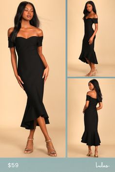 Slip into the Lulus How Much I Care Black Off-the-Shoulder Midi Dress and dance the night away! Medium-weight stretchy ponte knit shapes this stunning dress that features a sweetheart neckline (with no-slip strips) and darted bodice, framed by short off-the-shoulder sleeves. Fitted waist tops a figure-flattering midi skirt with a trumpet silhouette and ruffled high-low hem. Fit: This garment fits true to size. Length: Knee to mid-calf length. Size medium measures 42" from top to bottom. Bust: Gr Black Tie Gowns, Trumpet Silhouette, 16 Dresses, Black Wedding Dresses, Size 16 Dresses, I Care, High Low Hem, Stunning Dresses, Black Tie