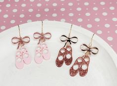 "Celebrate your love for ballet with our acrylic earrings! Perfect for any casual or sporty outfit, these earrings feature a stylish and trendy design made of high-quality acrylic material. Lightweight and comfortable to wear, they'll quickly become your go-to accessory for any occasion. So, whether you're a die-hard fan or supporting your child, these earrings are a must-have addition to your jewelry collection.  Ballet Slipper earrings are approximately 3\" long and assembled with hypoallergen Ballet Earrings, Slippers Christmas, Sporty Outfit, Pink Slippers, Sports Jewelry, Earrings Clay, Mama Gifts, Ballet Slippers, Jewelry Statement