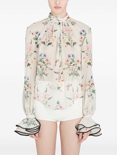 Giambattista Valli floral-print Silk Blouse | Neutrals | FARFETCH Printed Silk Blouses, Wardrobe Edit, Boots Fall, Exclusive Fashion, Lady Dior, Coat Dress, Silk Blouse, Silk Printing, Jacket Tops