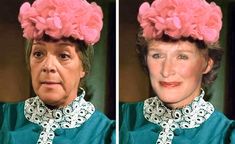 an older woman with pink flowers on her head is shown in two different pictures, one showing