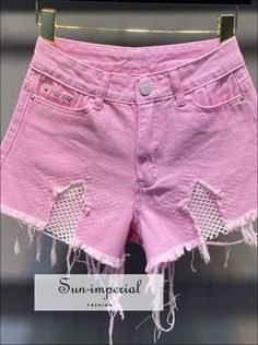 Women Pink High Waist Distressed Denim Jeans Shorts with Tassel Star Mesh detail casual style Trendy Cotton Bottoms With Holes, Casual Summer Bottoms With Holes, Pink High Waist Denim Jean Shorts, High-waisted Pink Jean Shorts For Summer, Distressed High-waisted Shorts For Beach, Pink High-waist Denim Jean Shorts, Pink High-waist Jean Shorts With Frayed Hem, People Clothes, Korean Fashion Dress