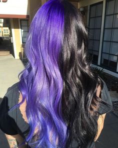 Purple Hair Half, Black And Purple Hair, Half Dyed Hair, Lavender Hair Colors, Split Dye, Cute Hair Colors, Creative Hair Color, Hair Streaks