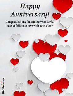 an anniversary card with hearts floating in the air and congratulations for another wonderful year of falling in love with each other